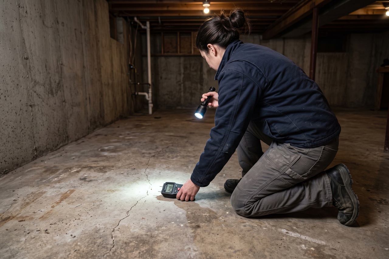 Inspecting a basement concrete floor for cracks and moisture