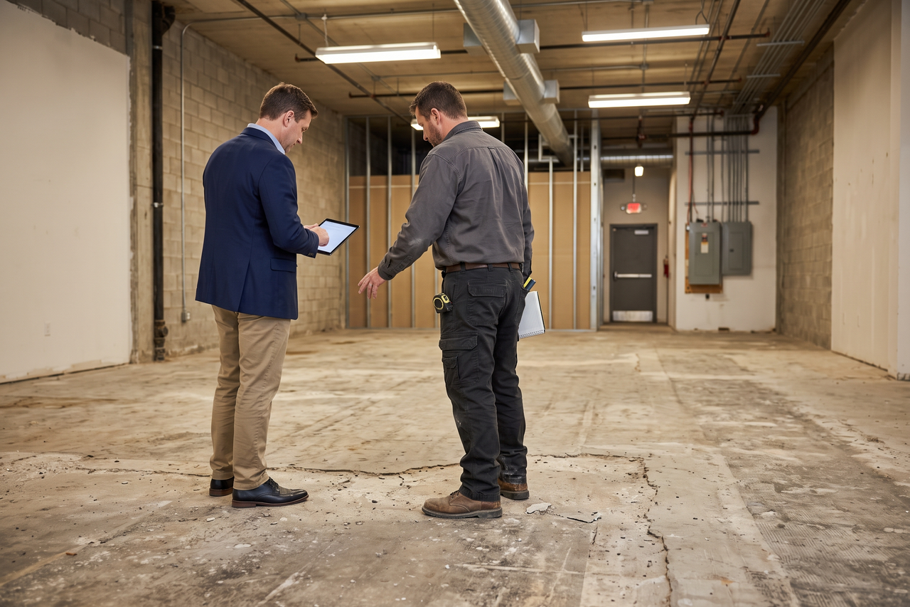 Business owner discussing a commercial floor coating plan