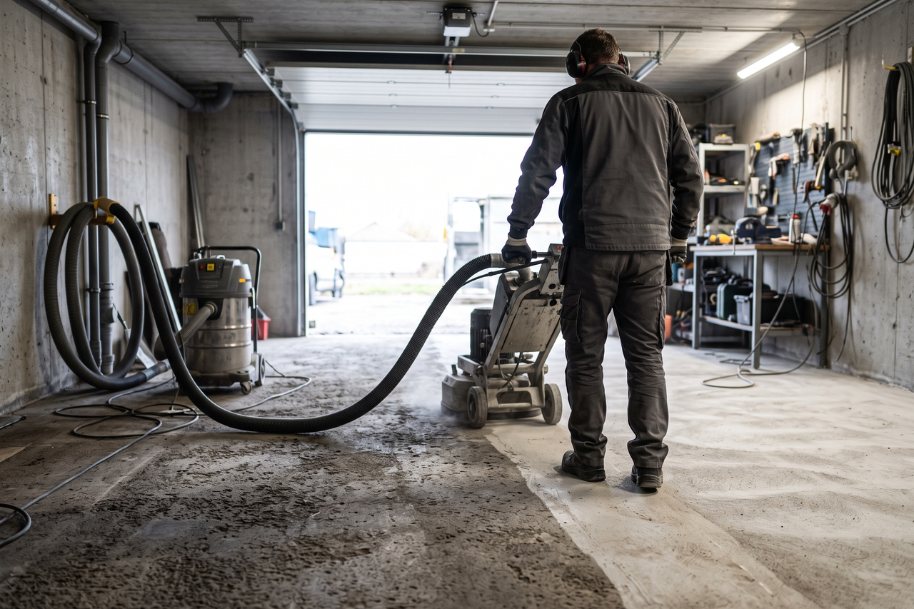 Concrete floor being ground and prepared before coating