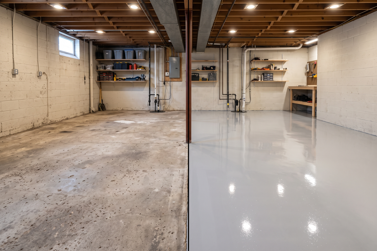 Illustrative before-and-after example of an epoxy basement floor