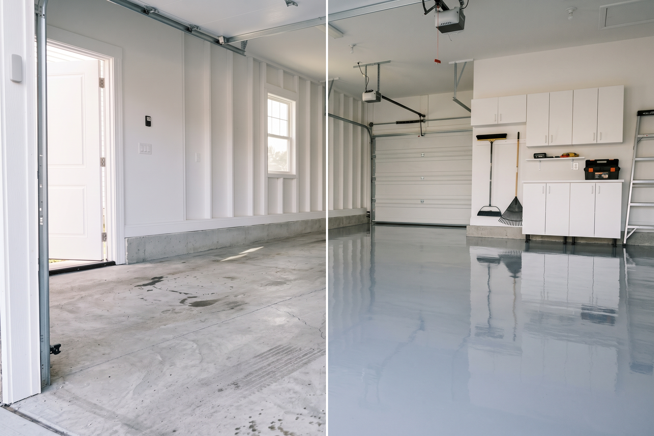 Illustrative before-and-after example of a stained concrete floor coated with epoxy