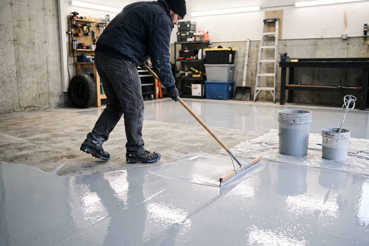 Professional applying an epoxy floor coating