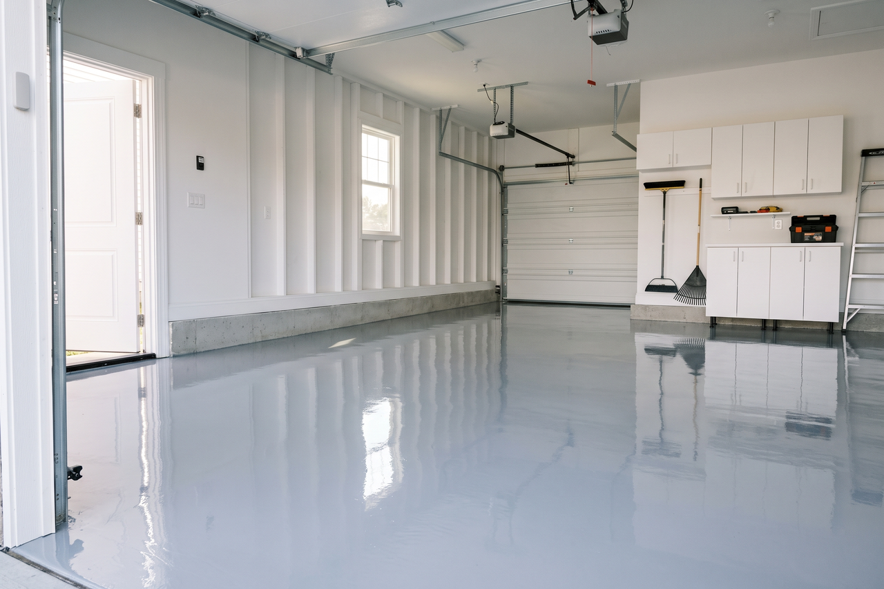 Glossy epoxy floor coating on a residential concrete floor