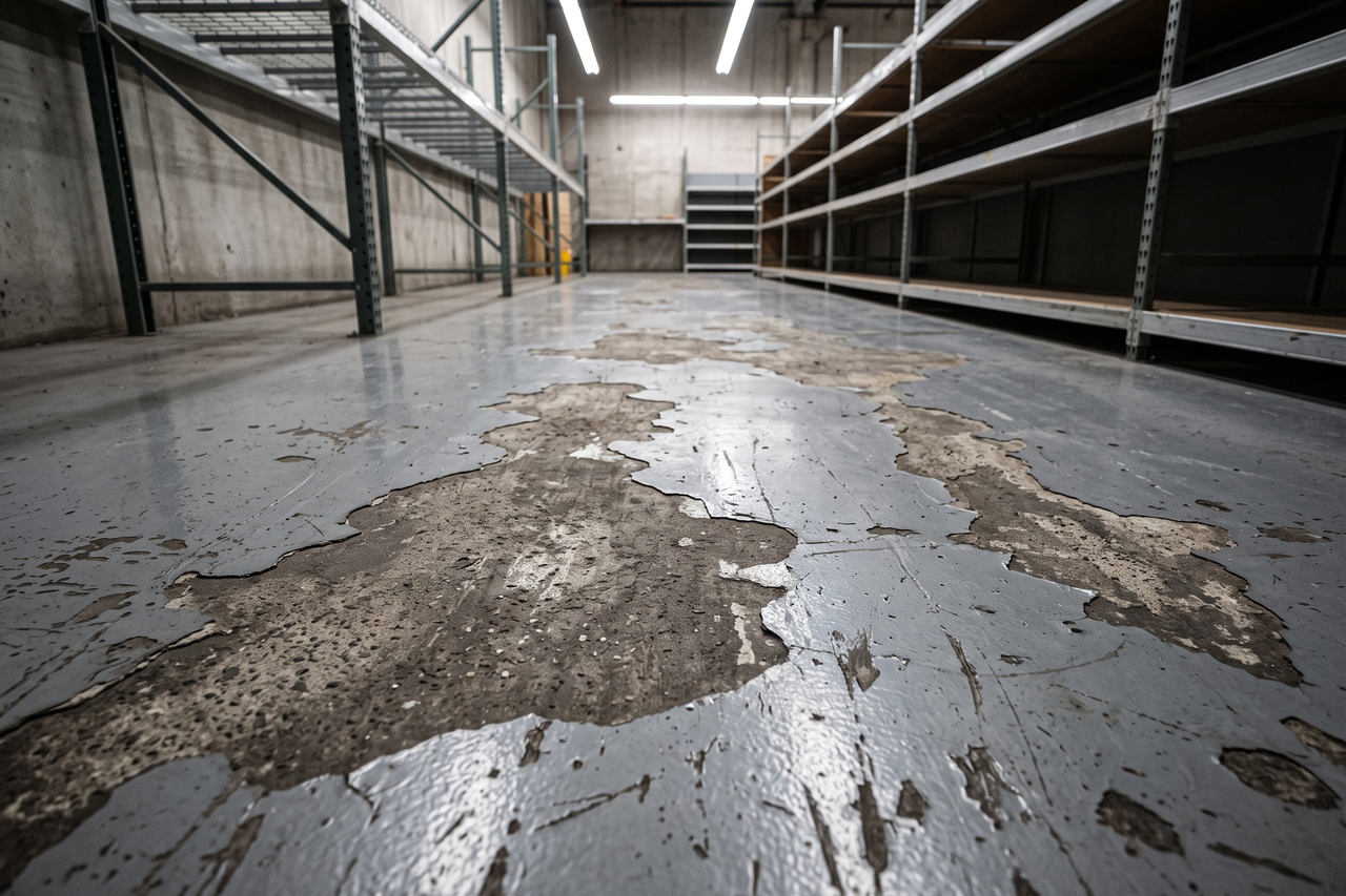 Chipped, failing epoxy coating on a commercial floor