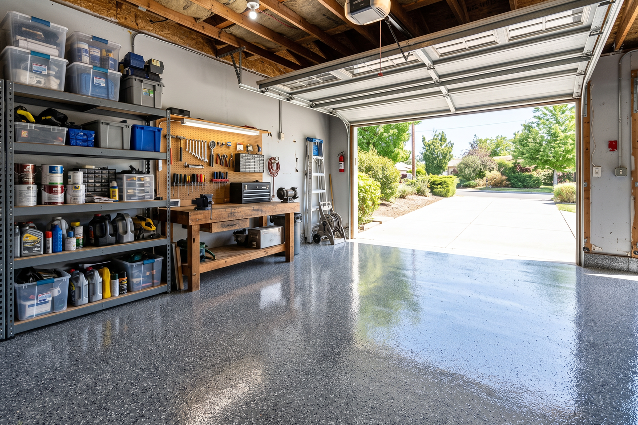 Finished epoxy garage floor in a two-car garage