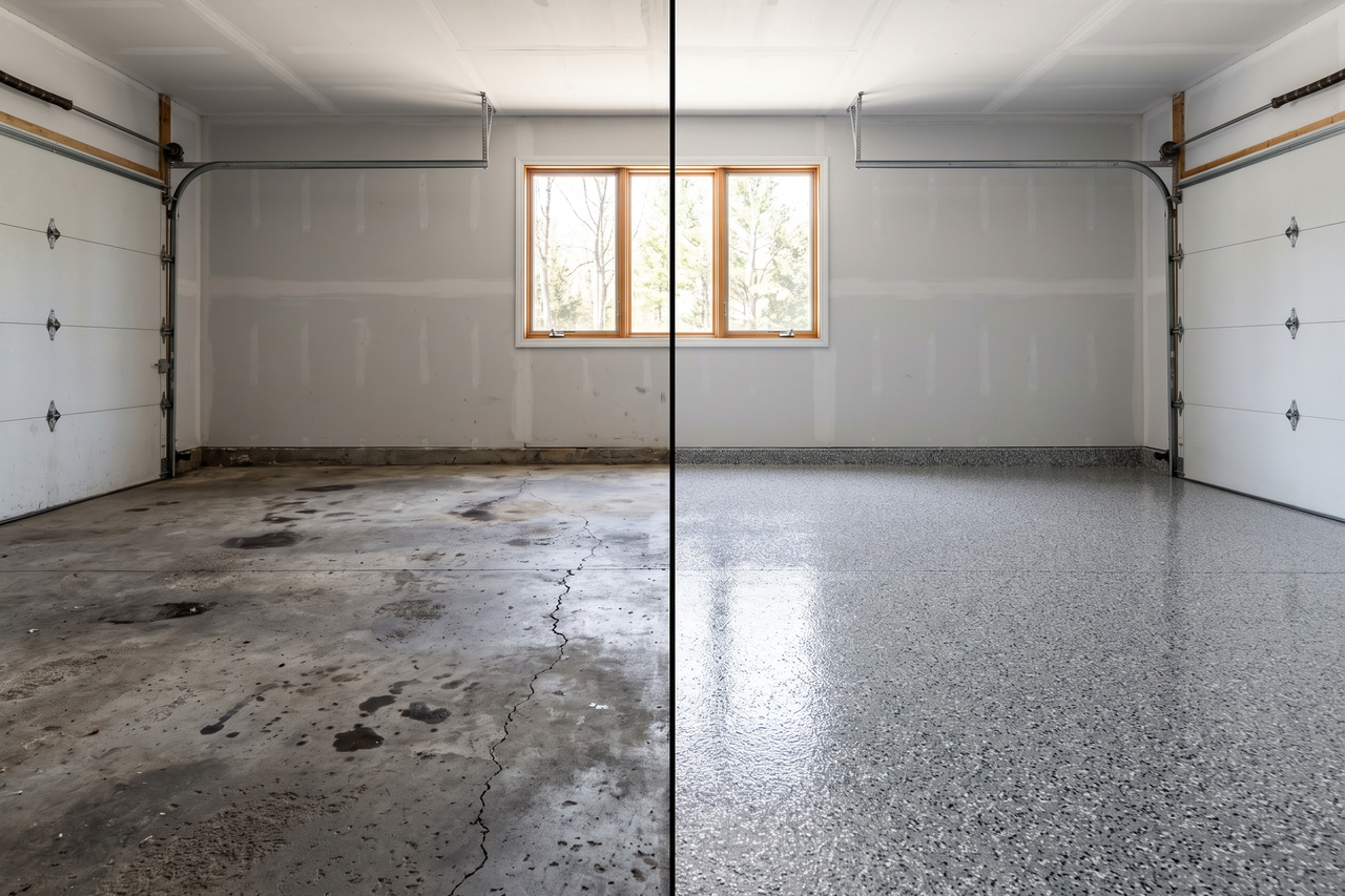 Illustrative before-and-after example of a garage floor coating