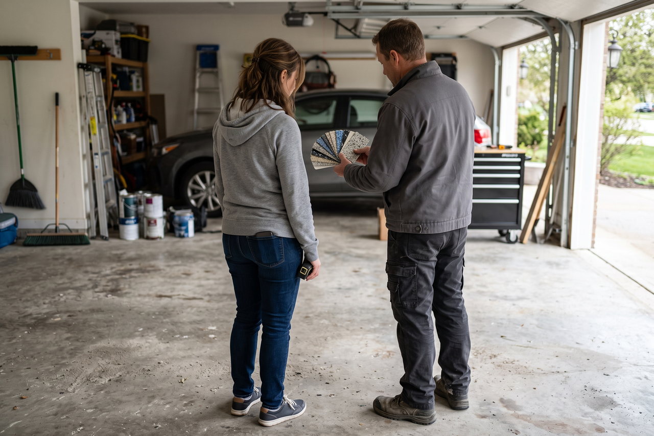 Homeowner reviewing garage floor coating options with a flooring professional