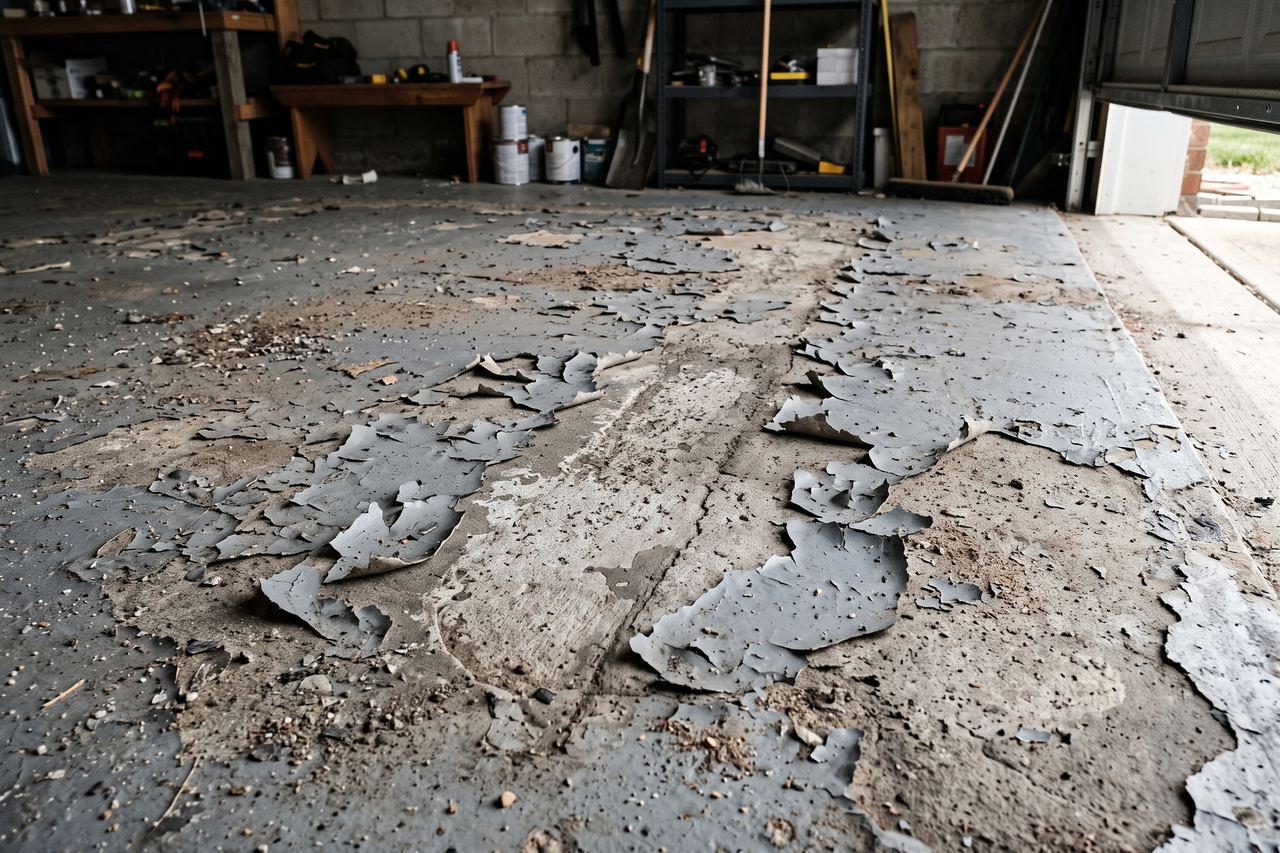 Peeling DIY coating lifting off a garage floor