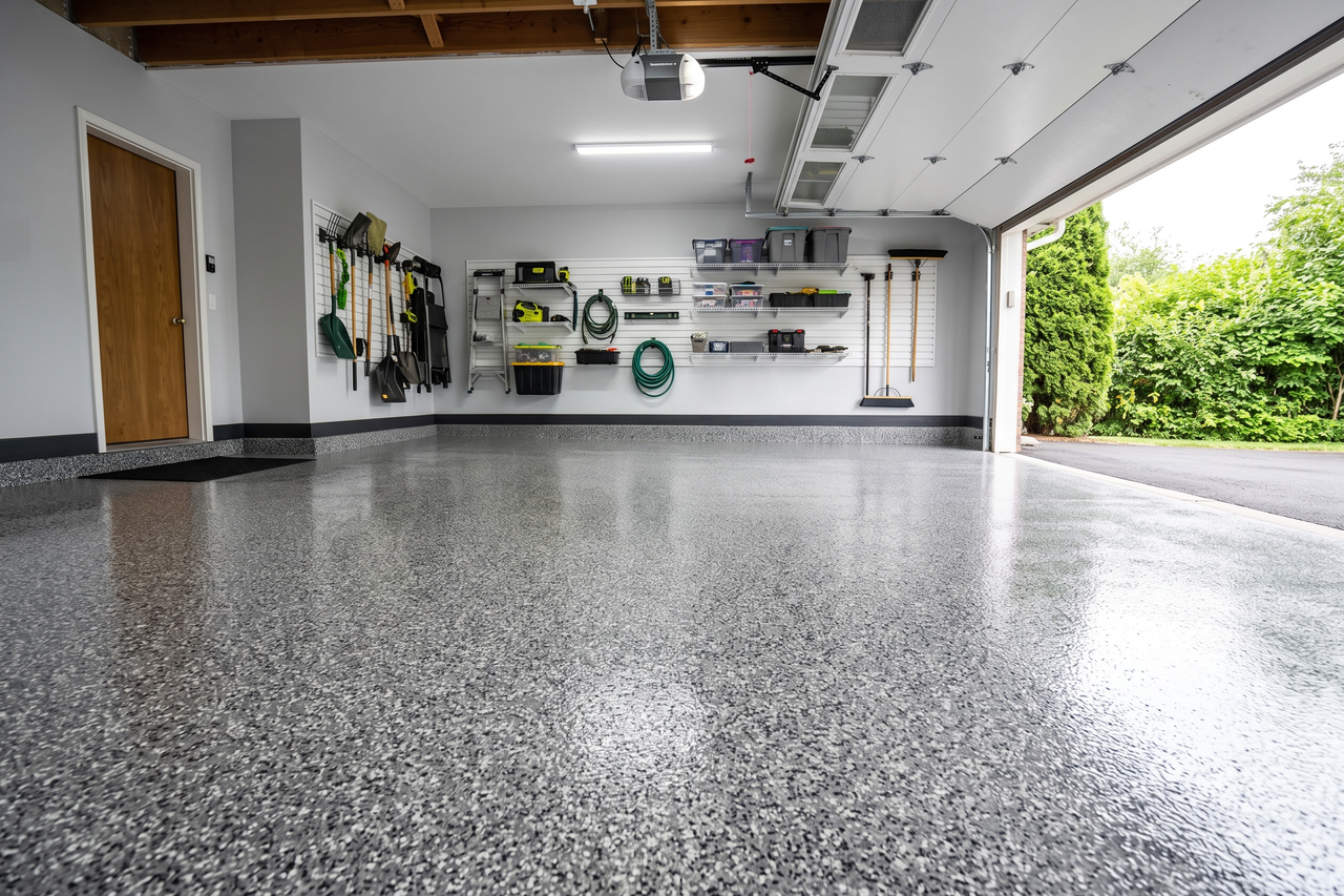 Gray flake epoxy garage floor with a clean, sealed finish