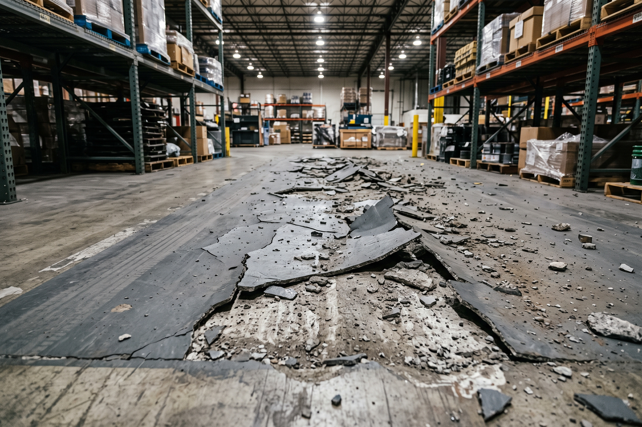 Damaged, delaminating coating on an industrial floor