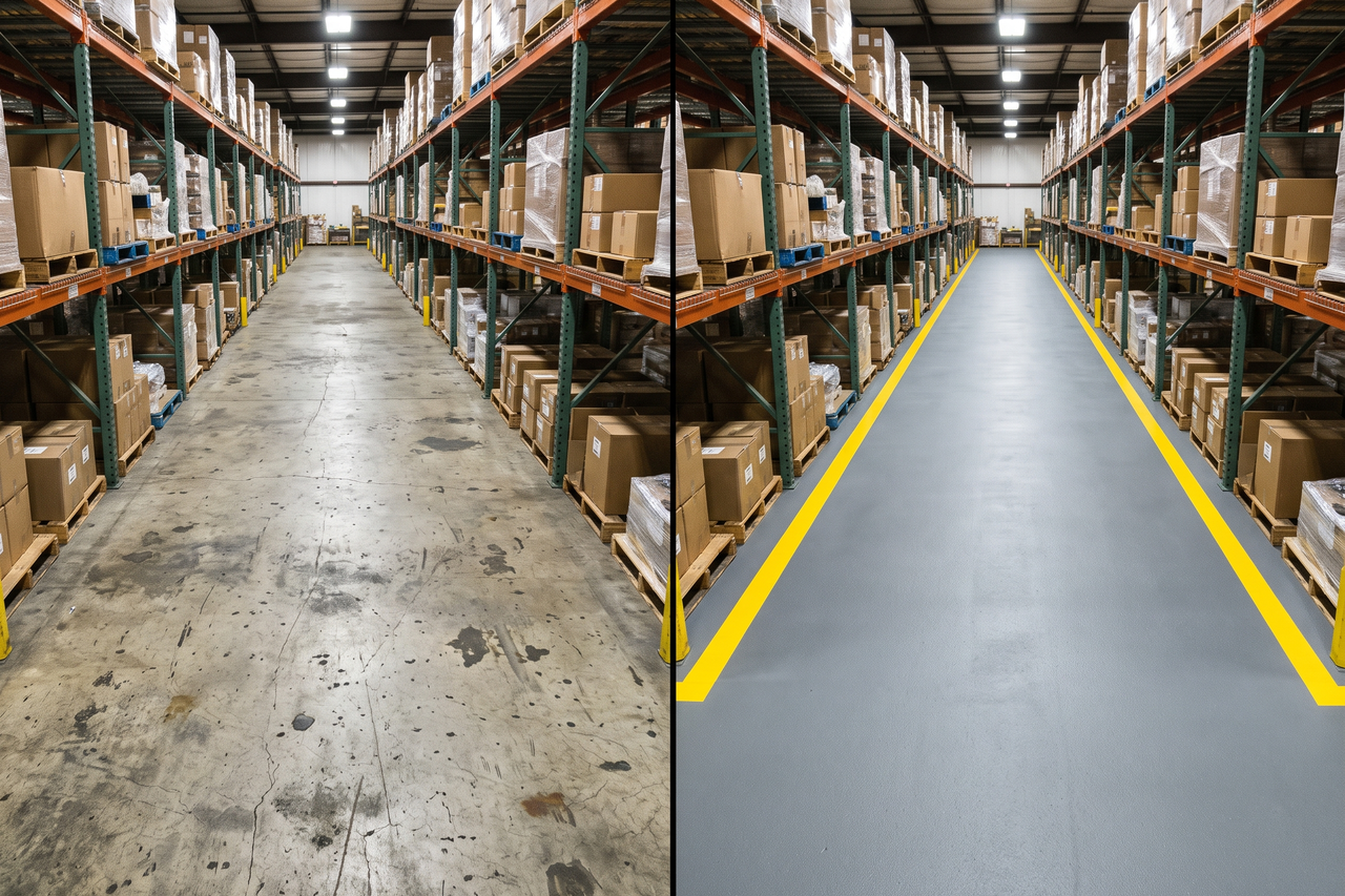 Illustrative before-and-after example of an industrial epoxy floor system