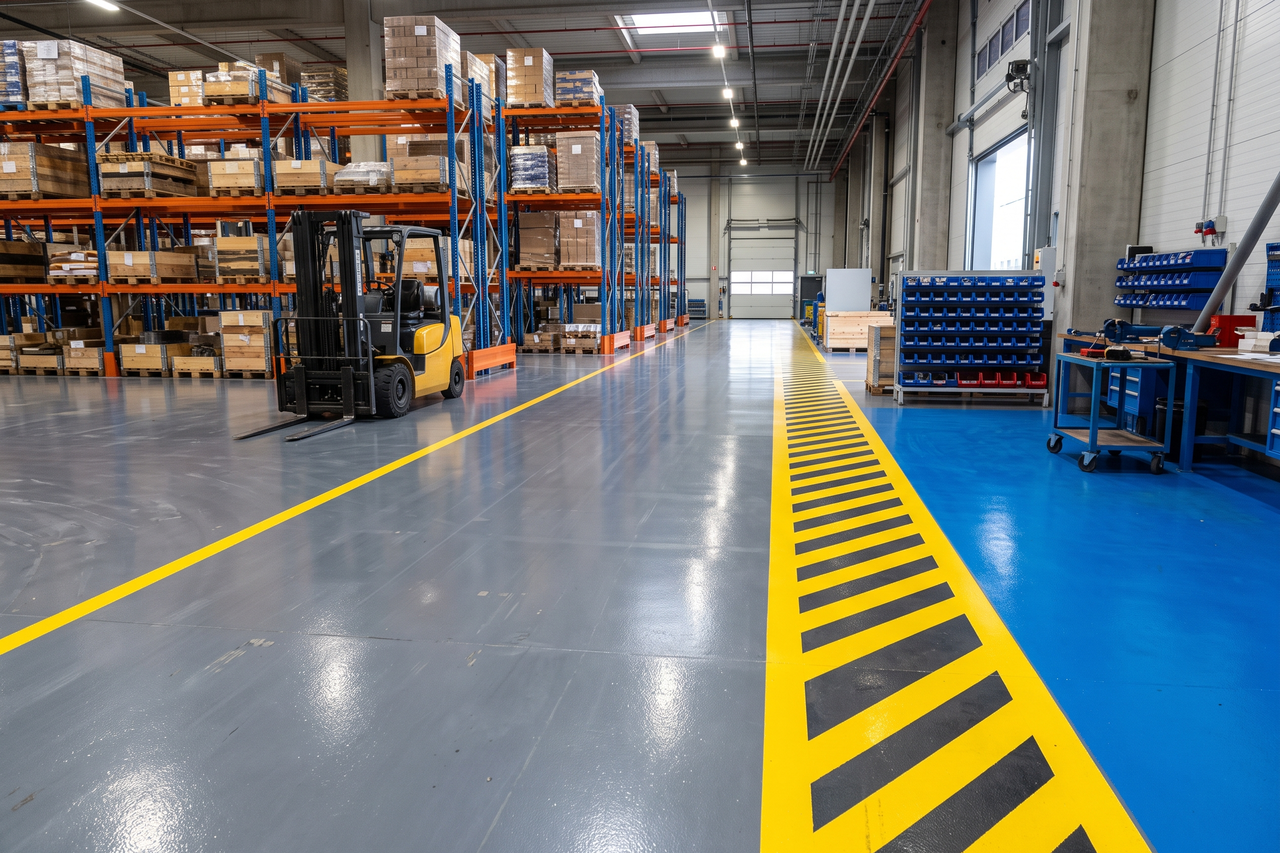 Industrial epoxy floor with marked safety lanes and work zones