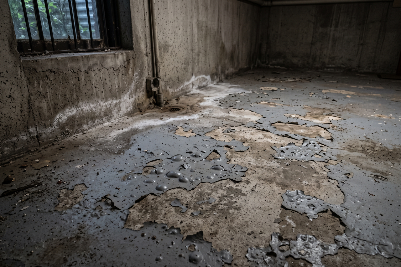 Peeling paint and coating on a basement floor