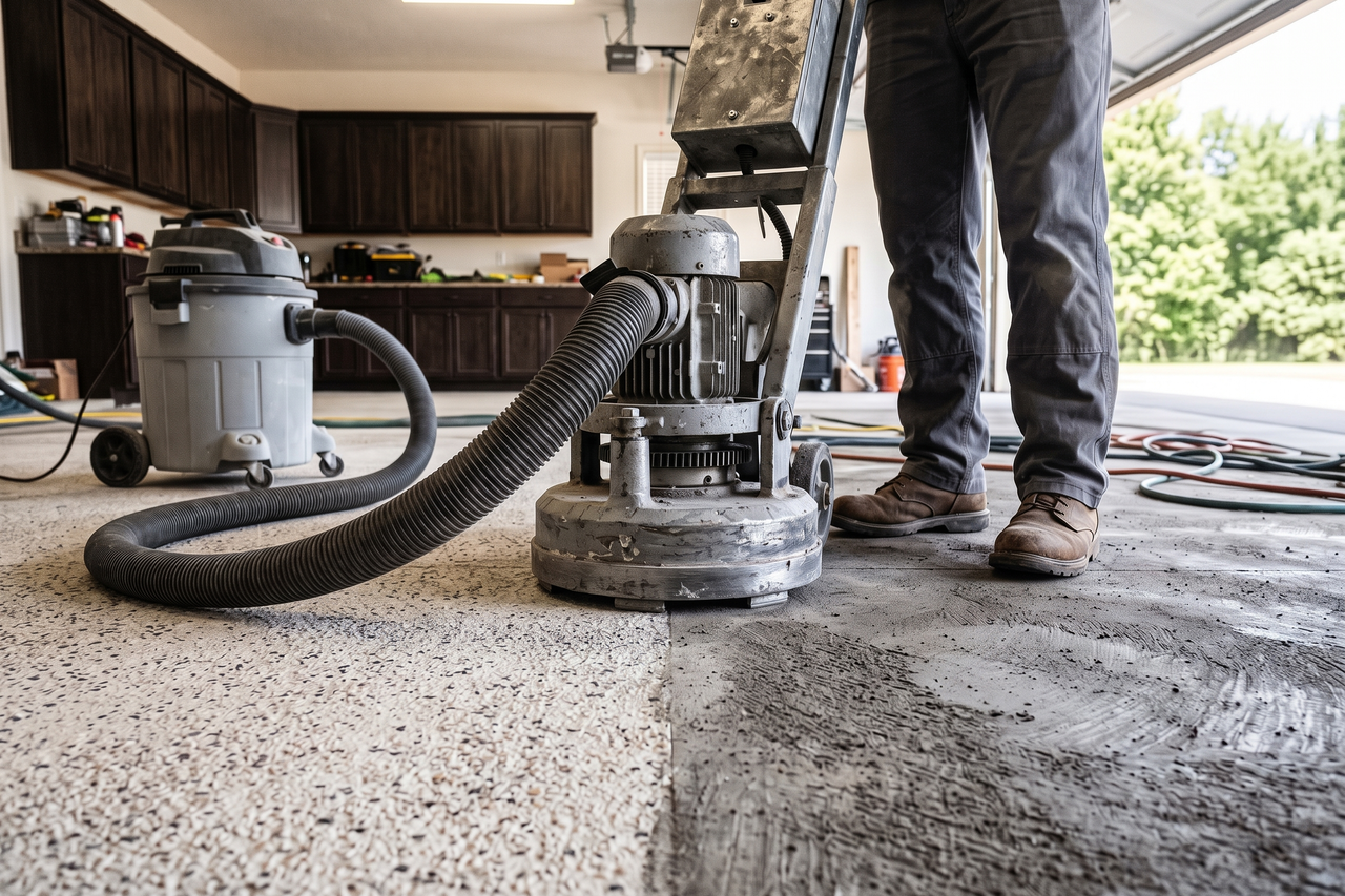 Concrete floor being ground before a polyaspartic coating
