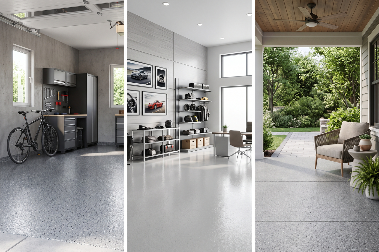 Polyaspartic floor coating in garage, commercial, and covered outdoor spaces