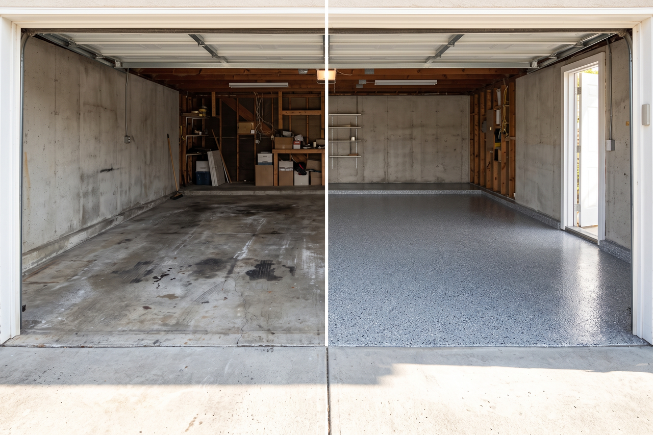 Illustrative before-and-after example of a polyaspartic garage floor