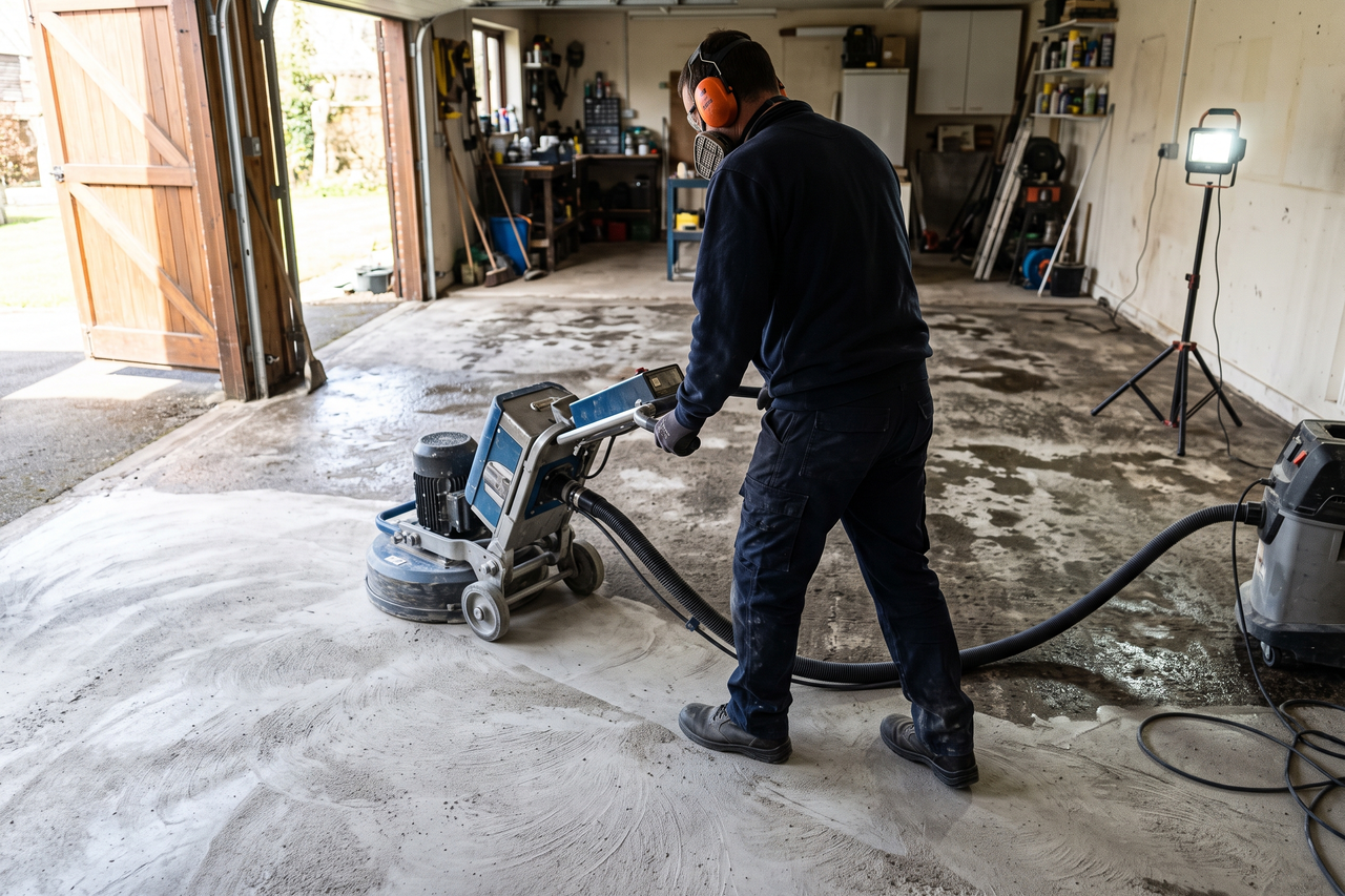 Installer grinding concrete before an epoxy floor installation