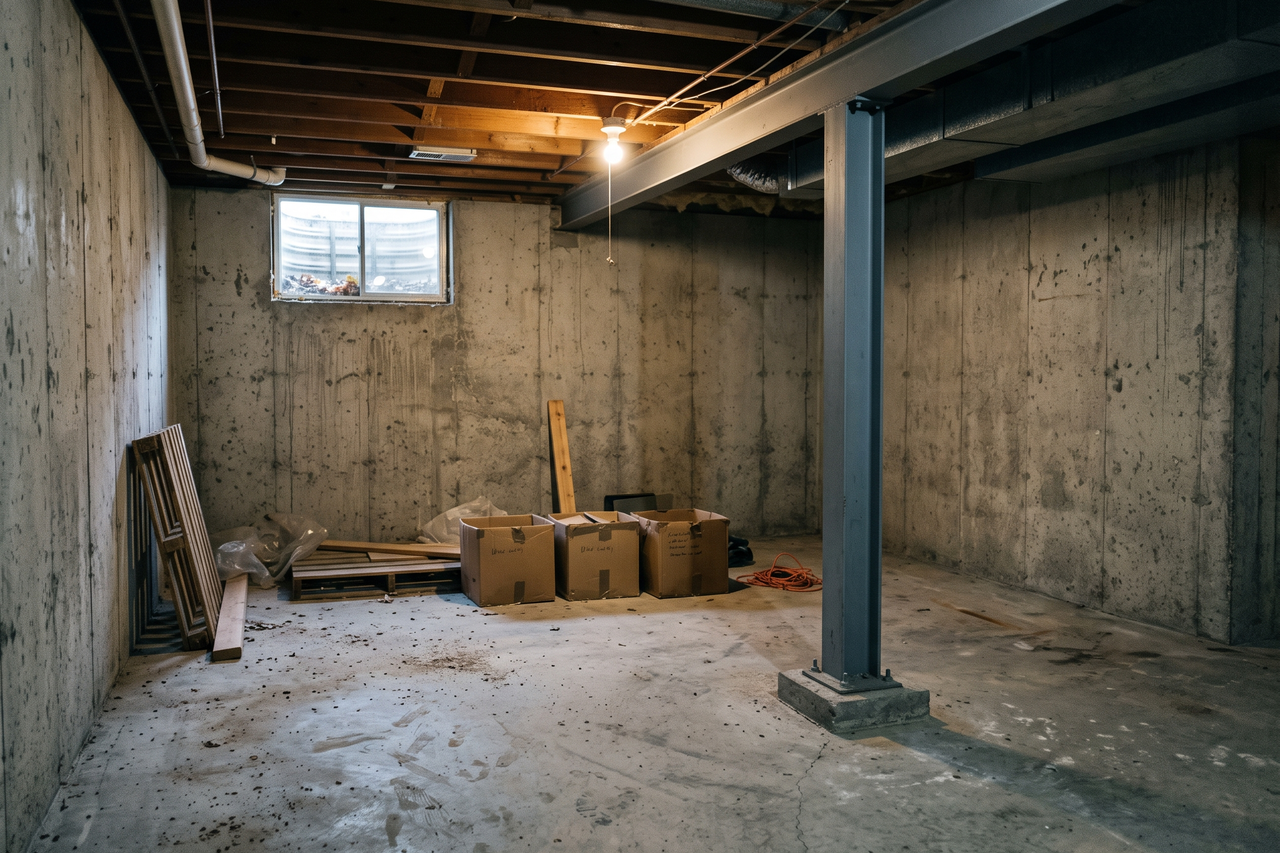 Bare, unfinished concrete basement floor