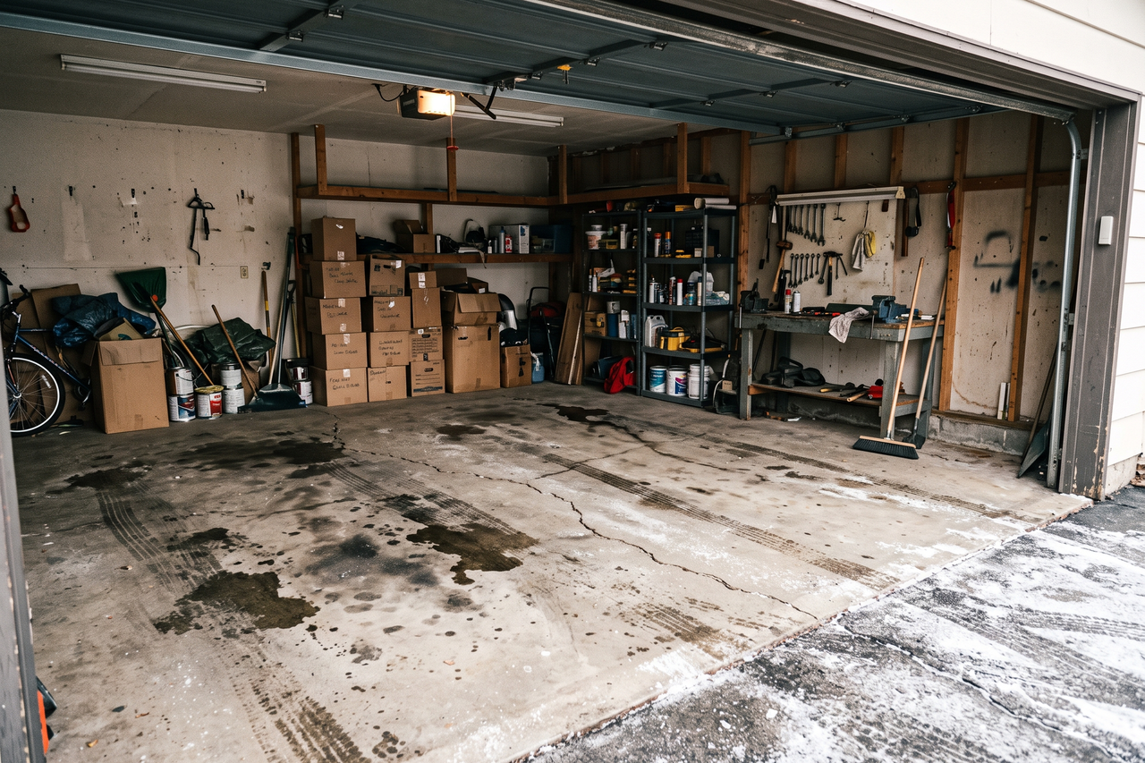Stained, unfinished concrete garage floor