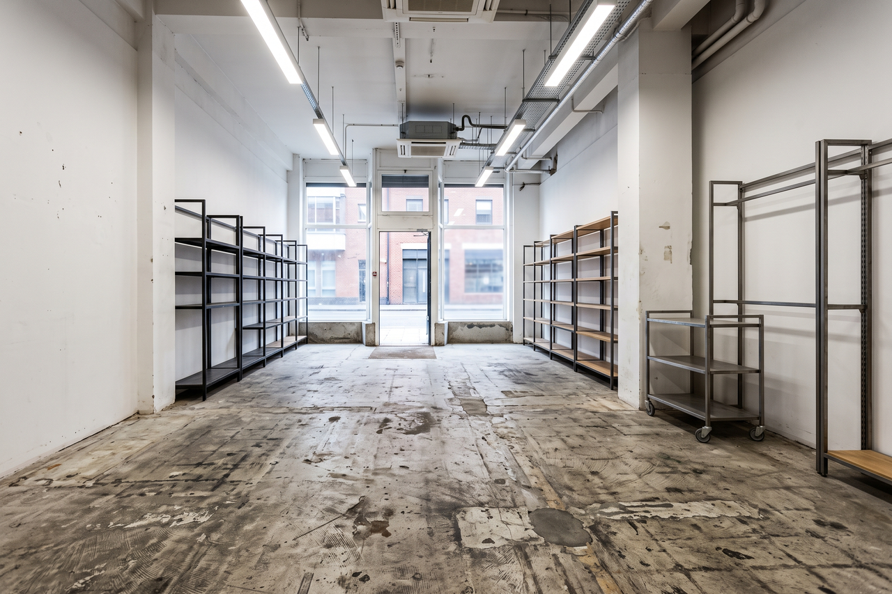 Worn, stained concrete floor in a commercial space