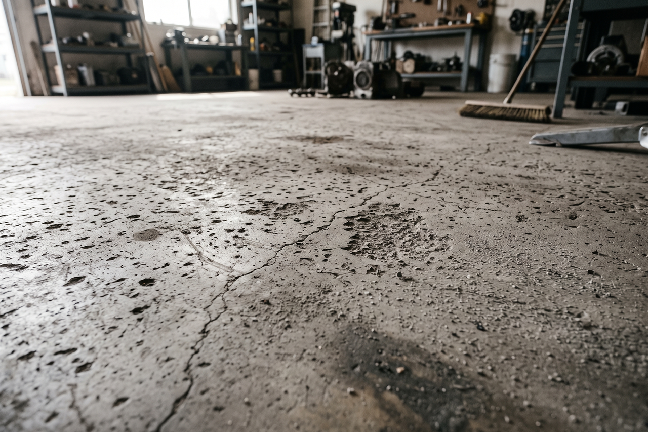 Worn, pitted concrete floor surface