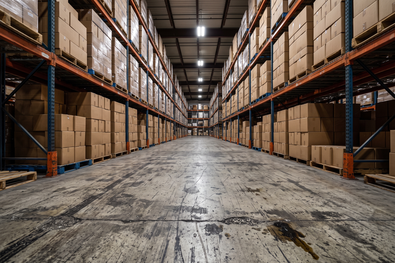 Worn industrial concrete floor with heavy traffic wear